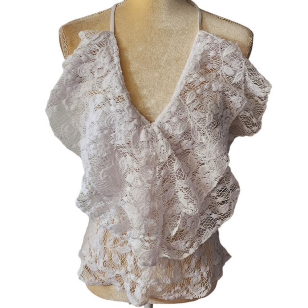 Lacey Ruffle Sheer Sleeveless Criss Cross Lace Up Adjustable Back Sexy Top